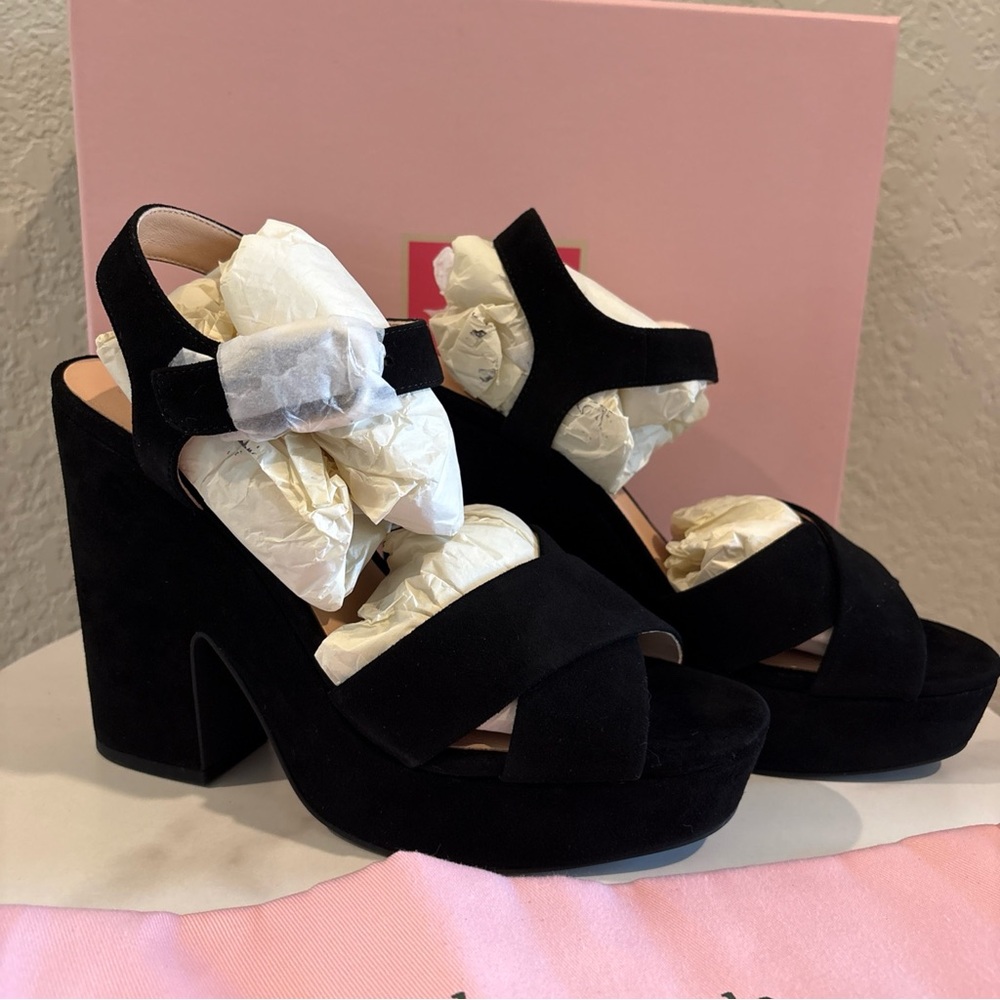 kate spade Black Suede Platform Block Heel Sandals - Picture 3 of 9
